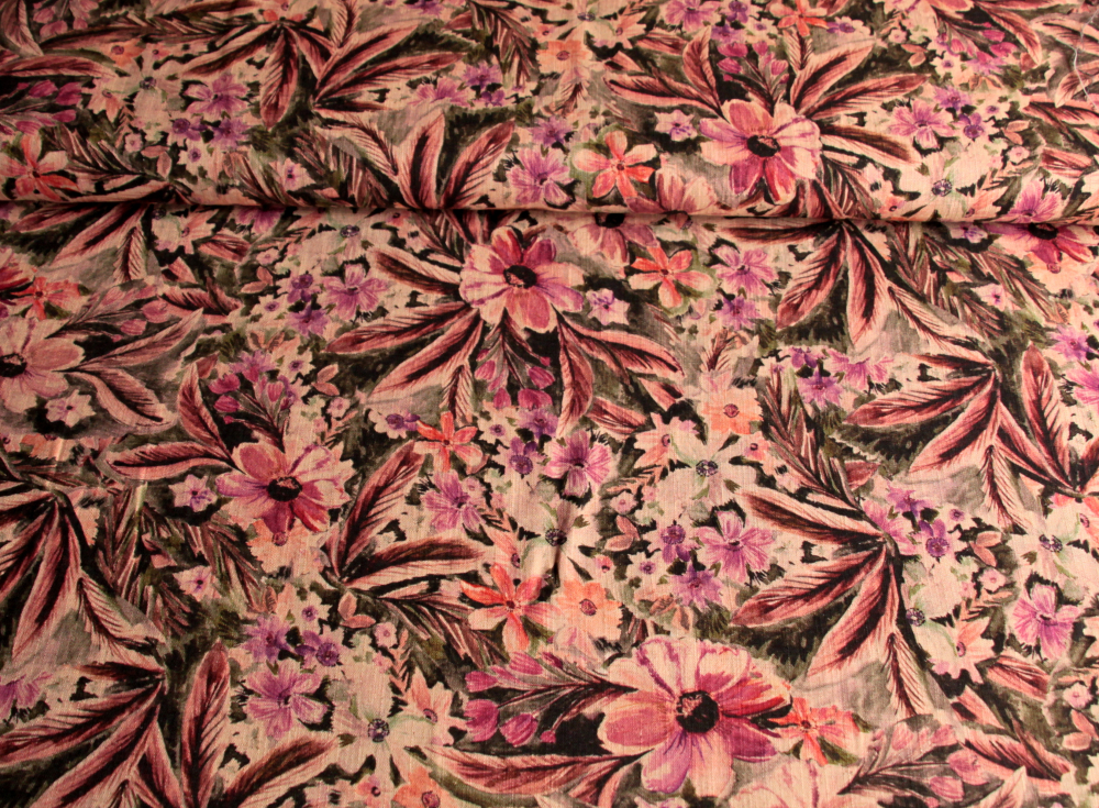 Viskose-Leinen-Mix Blumen beige-rosé (992107)