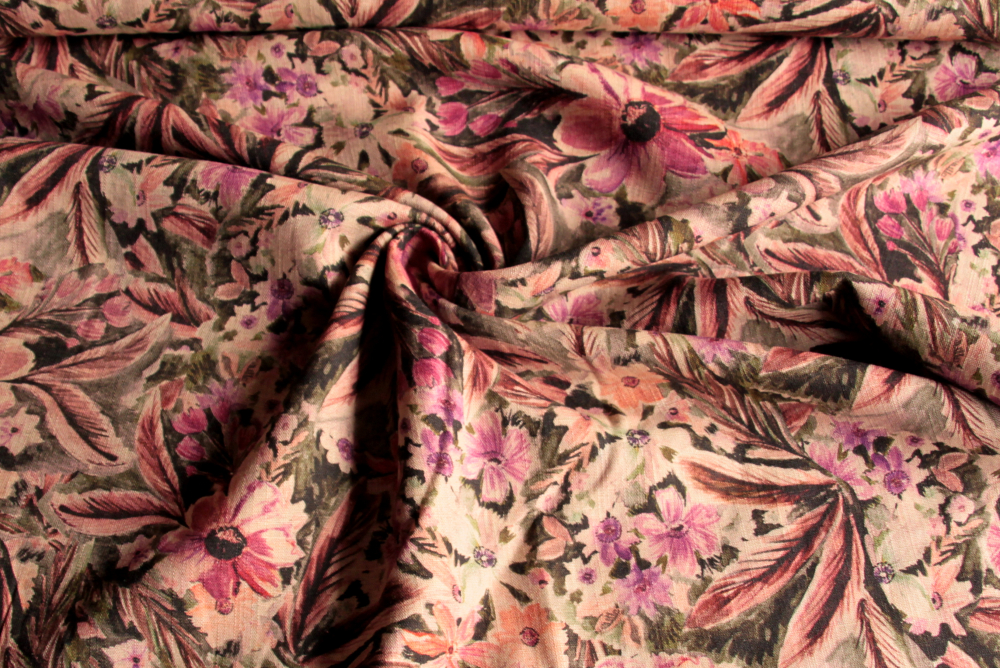 Viskose-Leinen-Mix Blumen beige-rosé (992107)